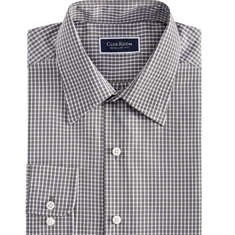 Club Room Men's Regular Fit Gingham Dress Shirt Black White Med 16 -‎ 16.5 L